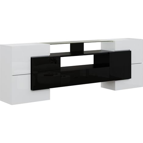 Meuble TV moderne en panneaux laqués blanc et noir avec éclairage LED, 200 cm (1/5)