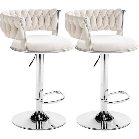 Barhocker 2er Set höhenverstellbar mit Samtsitz und Lehne, Beigeweiß (1/5)
