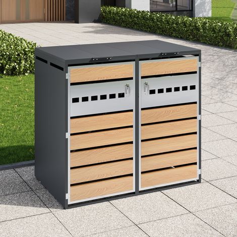 Box per bidoni 2 scomparti grigio in acciaio zincato con coperchio ribaltabile, porte ventilate e chiusura (1/5)