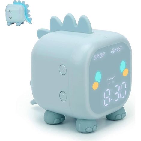 Kids Alarm Clock, Cute Dinosaur Digital Alarm Clock Children's Sleep Trainier, Wake Up Light & Night Light with USB Alarm Clock (Blue) (1/5)