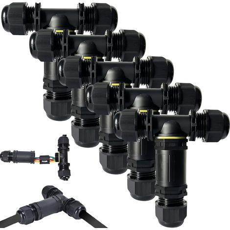 Lot de 5 Connecteurs de Câbles Étanches IP68 : Forme T, 3 Voies, 12 mm, 3 Broches, Boîte de Jonction, Manchon de Câble de Jardin (Noir, M25) (1/5)