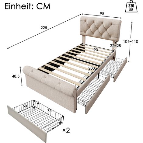 Lit fonctionnel Chesterfield 90x200 cm, sommier intégré avec 2 tiroirs de rangement, tête de lit réglable en hauteur, naturel, matelas inclus