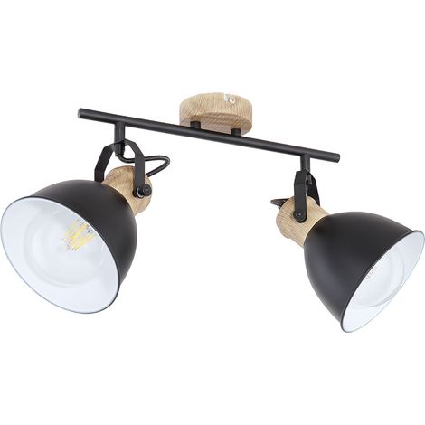 Vintage Deckenlampe Deckenleuchte dimmbar mit Fernbedienung LED Deckenstrahler, RGB Farbwechsel, Spots verstellbar, Holz Optik, Metall schwarz braun, 2x 9W warmweiß, LxBxH 35x15x21,5cm