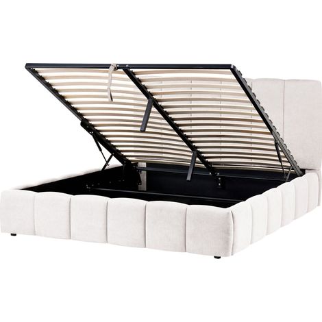 Ottoman Bed Off White Fabric Upholstered EU Double Size 4ft6 Bed Frame Vertical Tufting Lift-Up Frame High Headboard VAUVERT (1/5)