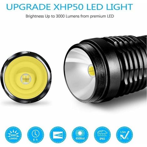 Torche Lampe de Poche, LED USB Rechargeable Ultra Puissante 3000 Lumens CREE XHP50 Lampe Torche, 5 Modes IP65 Étanche Militaire Zoomable pour Camping Randonnée(18650 Pile Rechargeable Incluse) (1/5)