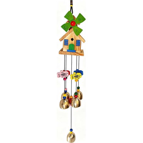 Holz Windspiel Haus & Windmühle mit Metallglocken, bunte Gartendeko zum Aufhängen