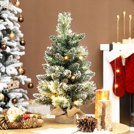 60cm Sapin de Noël artificiel de 60 cm, mini sapin de Noël de bureau floqué, avec 35 lumières LED et pommes de pin, alimenté par piles, vert. (1/5)