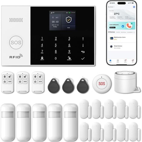 Système d'Alarme Domotique,Système de Sécurité Domestique WiFi/4G GSM avec Capteurs de Porte/Fenêtre + Détecteurs de Mouvement, Alertes Instantanées (1/5)