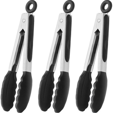 Pince de cuisine en acier inoxydable 3 pièces, pince de cuisson, pince alimentaire avec anneau de suspension pour retourner les hamburgers, servir les salades et couper les grillades (1/5)