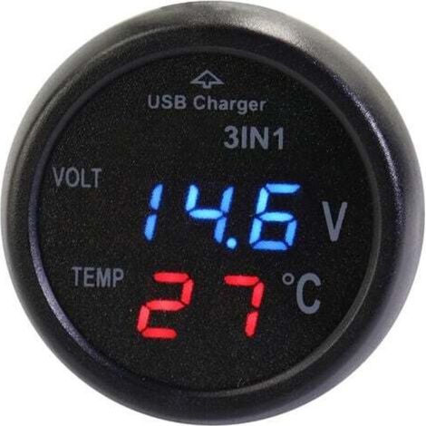 3 en 1 Chargeur USB de Voiture, Moto de Voiture Imperméable Voltmètre LED/Chargeur/Thermomètre 12V-24V (1/5)
