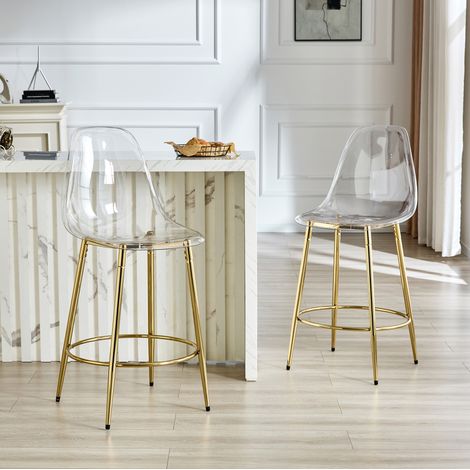 2 tabourets de bar transparents en plastique et métal doré, design moderne, hauteur d’assise 66 cm,48.5×48.5×102cm (1/5)