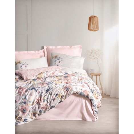 Parure de lit - 1 housse de couette 220 x 240 cm + 2 taies d'oreiller 60 x 60 cm - 100 % satin de coton - Couleur poudre
