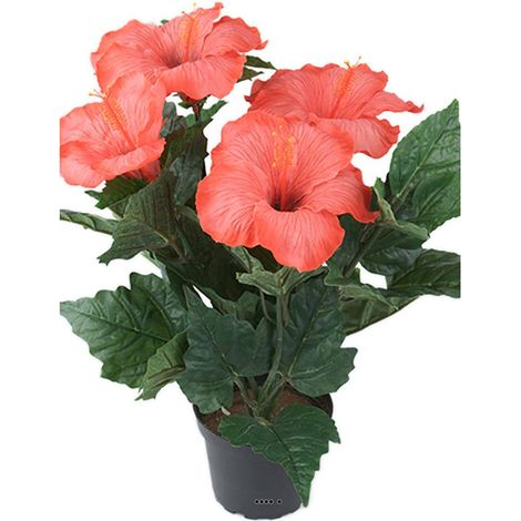 Hibiscus artificiel en pot H 38 cm 6 têtes rouge