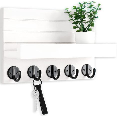 Wall-mounted key holder, decorative key holder and mail holder (with hooks, white). (1/5)