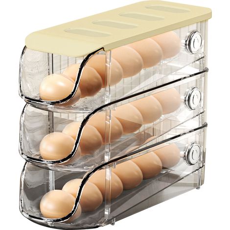 Ensemble de 3 supports à œufs empilables pour réfrigérateur, en plastique, avec système de roulement automatique et compartiment de rangement pour crème fraîche maison (1/5)