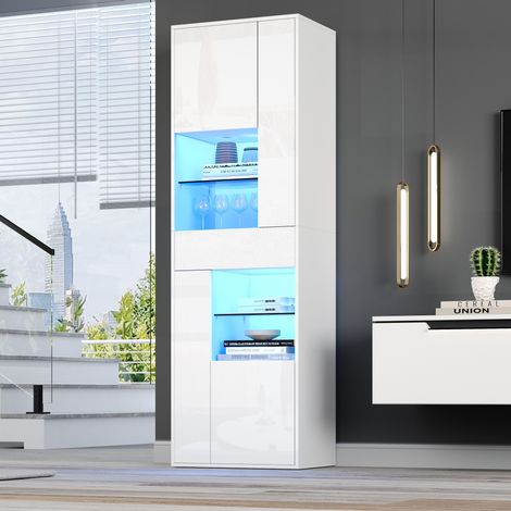 Vetrina alta 55 x 38 x 170 cm con 1 cassetto, 4 armadi, LED e vetro temperato, bianco DESVIAE (1/5)