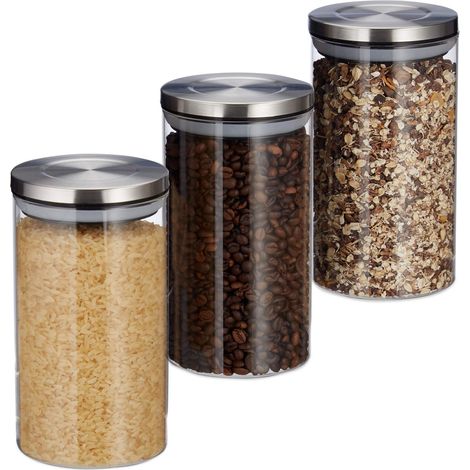 Pots de Stockage Jeu de 3, 1l, étanche à l’air, Couvercle Acier INOX, Epices, Riz, thé, Contenant Transparent (1/5)