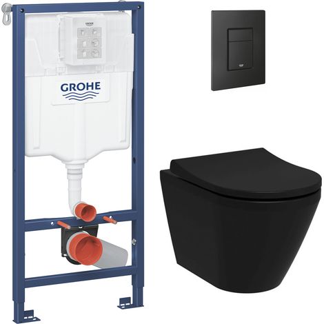 Grohe Rapid SL Pack telaio di supporto per WC + WC Vitra Integra senza flangia + sedile SoftClose + piastra nera opaca (RapidSL-BlackI