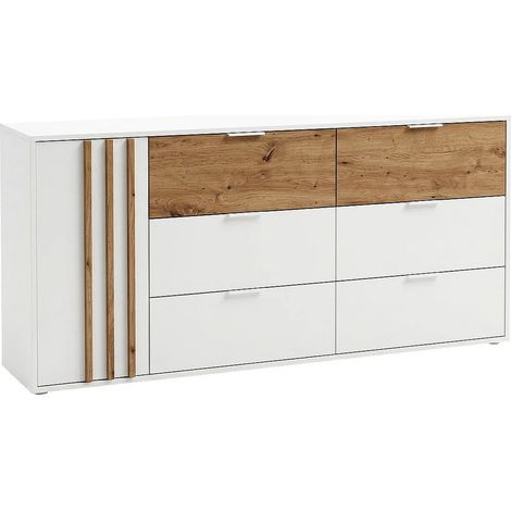 Commode - 6 tiroirs et 1 porte - Blanc et naturel - TUNALO (1/3)