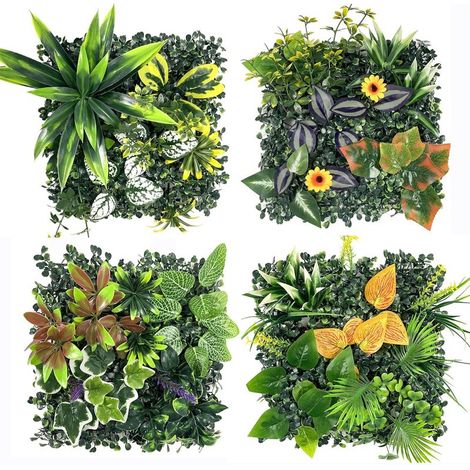 4 Panneaux Murs de Plantes Artificielles, 25X25cm, Décoration Murale en Gazon Synthétique, Panneau Végétal Synthétique, Mur Végétal Artificiel, pour Décoration Intérieure Extérieure