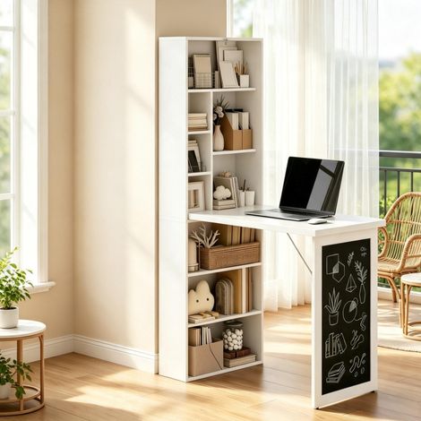 Escritorio plegable con estantes y pizarra, 98 x 51 x 153 cm, mueble compacto en MDF y pino HAVRYA (1/5)