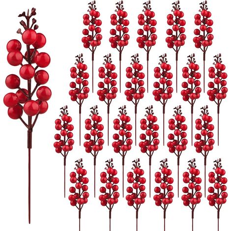 Sollbry 24 Pièces Décoration de Baies Rouges artificielles Branches de Baies Rouges de Houx Tiges de Baies de Noël pour la décoration d'hiver de Saison (1/5)