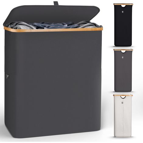 Panier à Linge Sale 140L - Panier a Linge 2 Compartiment - Bac a Linge Sale Pliable avec Couvercle, Poignée en Bambou - Corbeille a Linge pour Buanderie, Gris Fonce (1/5)
