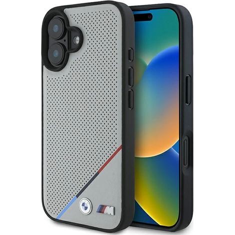 Custodia rigida BMW BMHMP16S23PUPDG per iPhone 16 6.1 grigio/grigio con linea tricolore perforata e MagSafe (1/5)