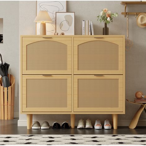 Scarpiera a 4 ante a ribalta, intreccio in rattan, 100 x 25 x 90,3 cm, rovere chiaro HAVRYA (1/5)