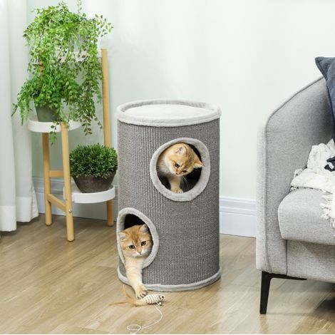 Arbre à chat tonneau en sisal et polyester gris clair, 2 niveaux pour griffer, jouer et se reposer, hauteur 60 cm (1/5)