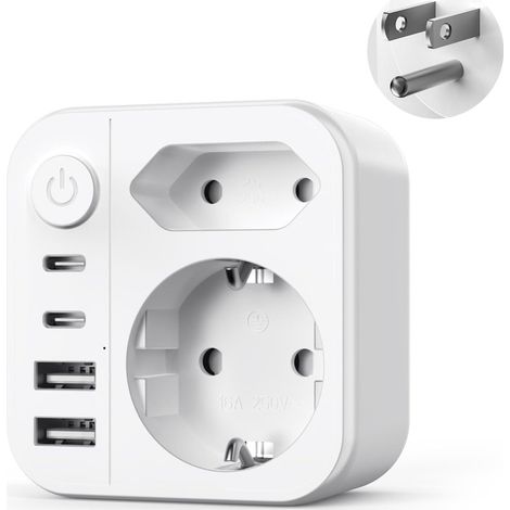 Adattatore da viaggio SnelShoppen 6 in 1 (spina di tipo B, 4 porte USB, interruttore e 2 spine tedesche) per Stati Uniti, Canada, Messico e Thailandia. Compatibile con spine di tipo B, tipo B e tipo B (1/5)