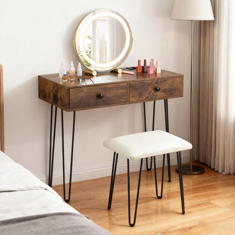 COSTWAY Coiffeuse avec Miroir et Tabouret, 3 Modes dÉclairage, Luminosité Réglable, Station de Charge, Table de Maquillage, Miroir Pivotant à 360°, 2 Tiroirs, Pieds en Métal, Industriel (1/5)