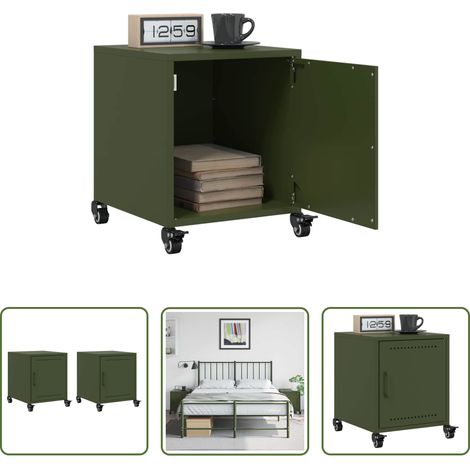 vidaXL Table de chevet vert olive - Tables de chevet 2 pcs vert olive 36x39x43,5 cm acier (1/5)