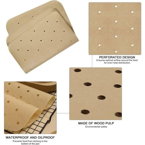 Lot de 100 feuilles de doublures en papier sulfurisé pour friteuse à air, papier sulfurisé perforé, papier à huile de cuisson, revêtement anti-adhésif pour friteuse à air (14 x 20,3 cm) (1/3)