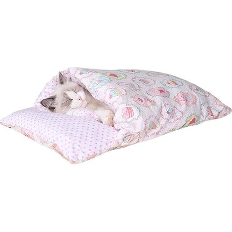 Sac de couchage d'hiver pour chat rose, grotte à chat amovible et lavable, coussin chauffant pour chat, lit de litière pour chats et chiens (1/4)