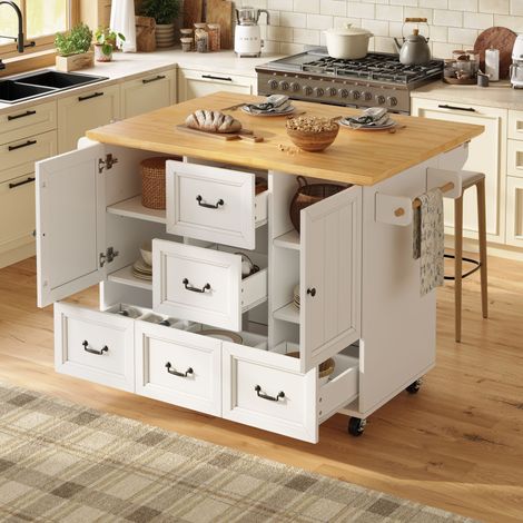 Desserte de cuisine, meuble bar central plan pliant, rangement(tiroirs, portes), MDF et métal, 120x73/45x92,5 cm, blanc (1/5)