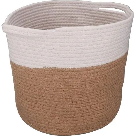 Panier à linge tressé en corde de coton, multifonctionnel, avec poignées, décoration intérieure, 30 cm de diamètre, jaune et blanc (1/3)