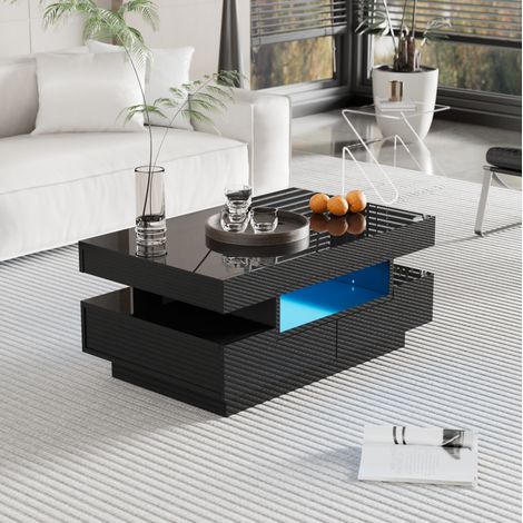 Mesa de centro con tira LED, acabado alto brillo, 4 cajones, 80 x 50 x 36 cm, negra DESVIAE (1/5)