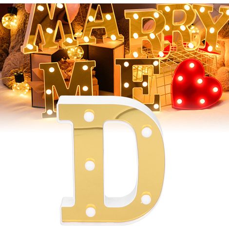 Lampe d'intérieur en forme de D avec lettres de l'alphabet anglais, idéale pour mariages, Noël, anniversaires et fêtes (blanc chaud). (1/5)