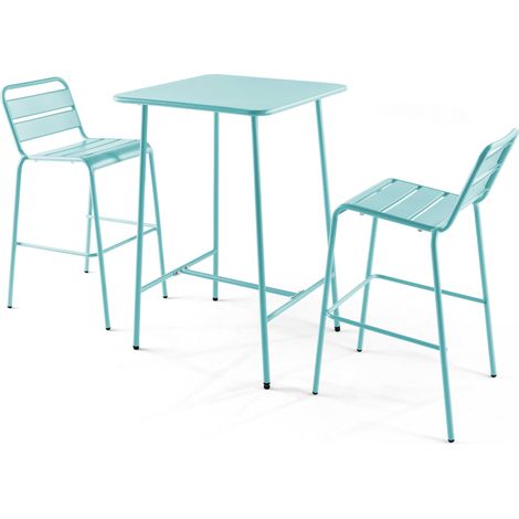 Ensemble table de bar et 2 chaises hautes en métal turquoise - Palavas (1/5)