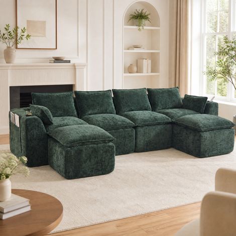 Canapé modulable 322x161x75 cm vert en chenille avec 2 poufs, coussins, poches latérales et porte-gobelet (1/5)