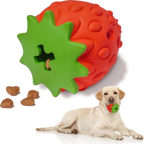 Rompecabezas para perros irrompibles con forma de fresa, resistentes, de caucho natural, para el cuidado dental, con premios, pelotas para perros, juguetes irrompibles para masticar. (1/5)
