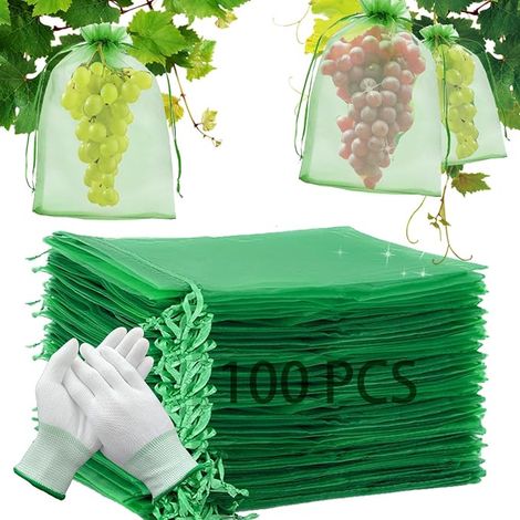 Packung mit 100 Schutzbeuteln für Weintrauben, 20 x 30 cm, aus Organza, mit Kordelzug, zum Schutz vor Wespen, Vögeln und der Kirschfruchtfliege (grün B) (1/5)