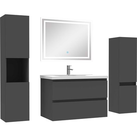 Ensemble meubles Salle de Bain 80cm vasque et colonnex2 et miroir lumineux Anthracite