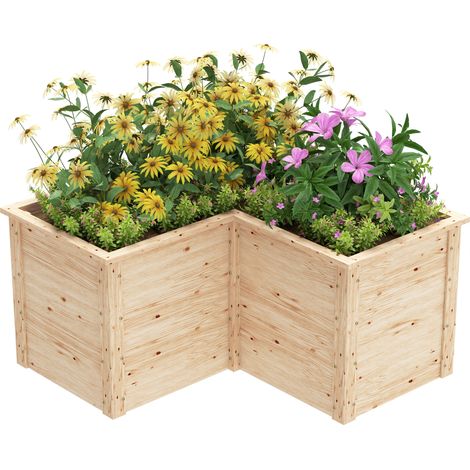 Jardinière en L surélevée 120x120x62 cm, bac à fleurs bois naturel, fond ouvert pour jardin (1/5)