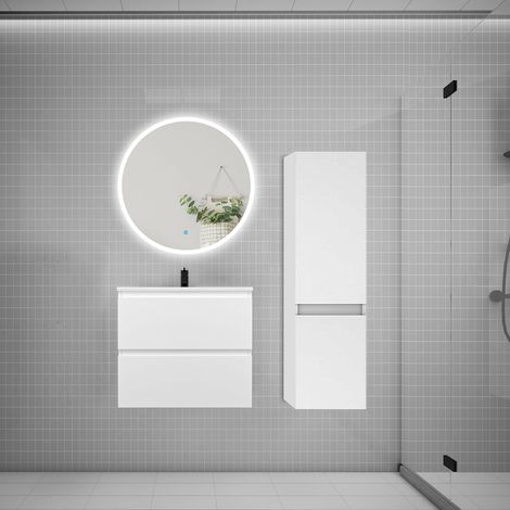 Ensemble meuble vasque L.60cm 2 tiroirs + lavabo + LED miroir rond 70cm + colonne A,blanc