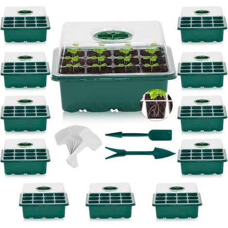 12Pcs Plateaux de Démarrage de Semences, 144 Cellules Plastique Très Résistant pour Propagation de Graines avec Dôme De Ventilation Et Socle, 20 étiquettes De Plantes, 2 Semis Outils (1/5)