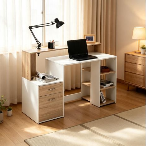 Escritorio de ordenador compacto con 2 cajones, 4 estantes y soporte para impresora, encimera amplia de MDF blanco y madera clara para oficina en casa -FLORAGRACE (1/5)