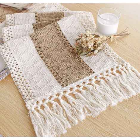 BEBUSINGOTO Camino de mesa bohemio con borlas para decoración del hogar, rústico, de 220 cm de largo, de macramé en tonos crema y marrón, ideal para comedores bohemios (30 x 220 cm) (1/5)
