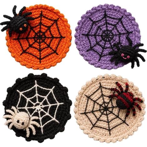 4 sous-verres en forme de toile d'araignée, crochetés à la main, protège-bureaux, décorations pour Halloween, 10 cm (1/5)